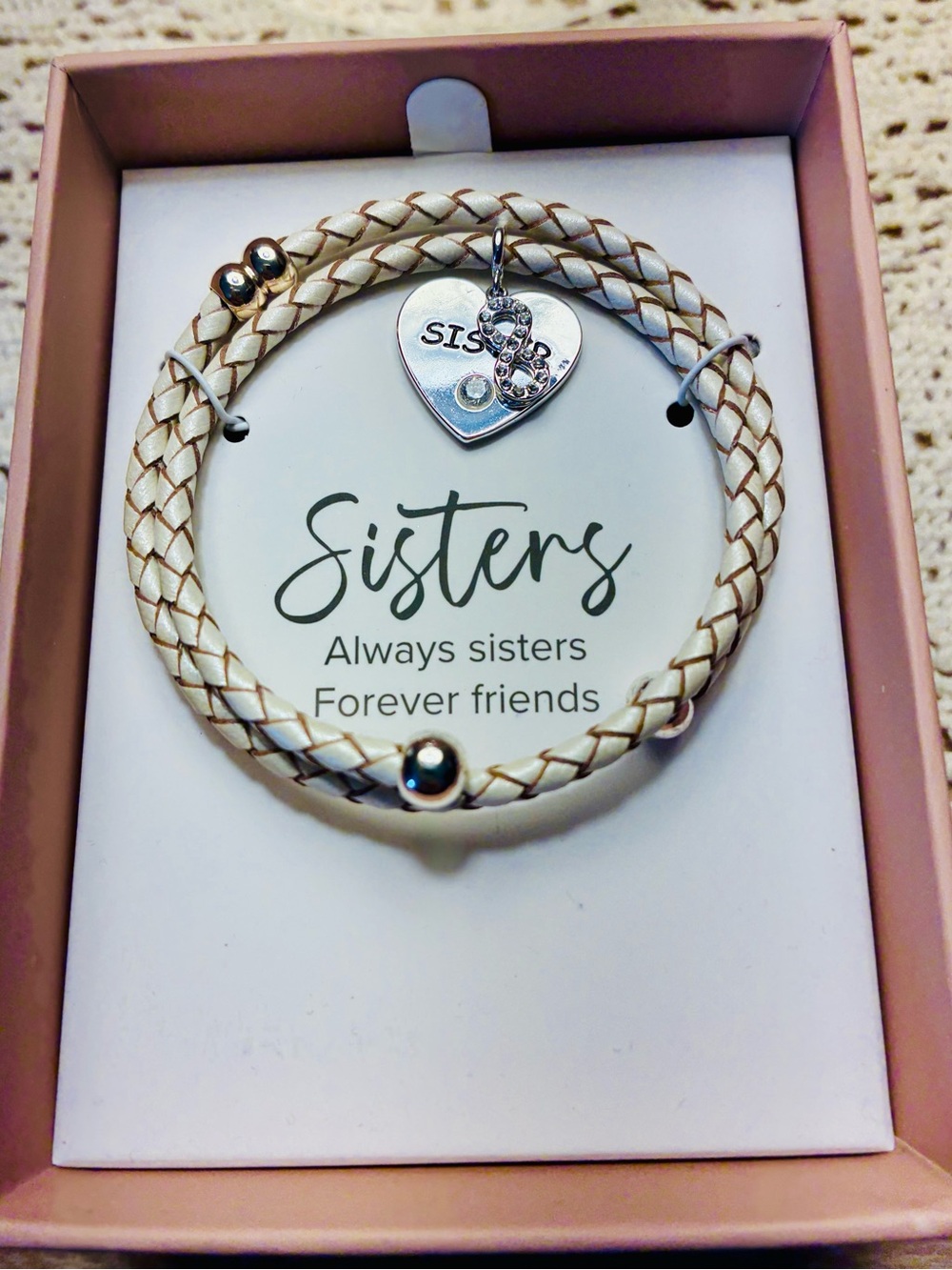 Sisters Braided Leather Wrap Bracelet with Heart Charm - Cream